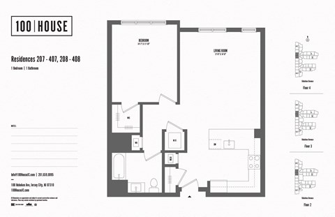 1 bed 1 bath floor plan S at 100 House Apartments, Jersey City , NJ